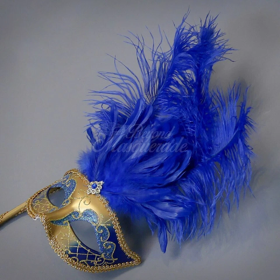 Handheld Stick Mask | Feather Masquerade Mask M6150 Gold Blue - Image 2 of 4