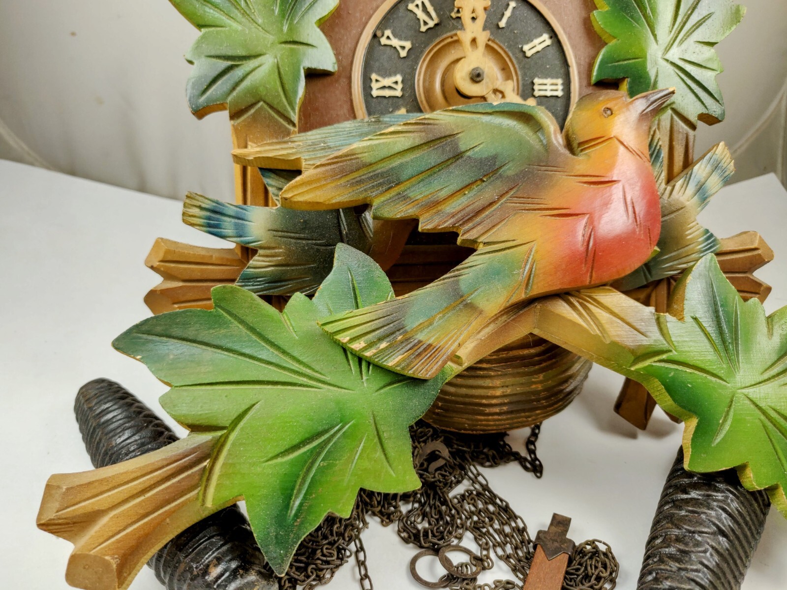 Vintage German Cuckoo Clock “Leaf and Loon” Style For Parts or Repair