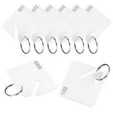 100 Pcs 1-100 White Square Key Tags Plastic Slotted with Upgrade Round Ring