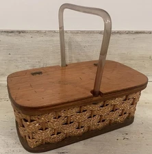 Vtg Woven Sewing Basket Wooden Hinged Lid Lucite Handle MCM  Handmade