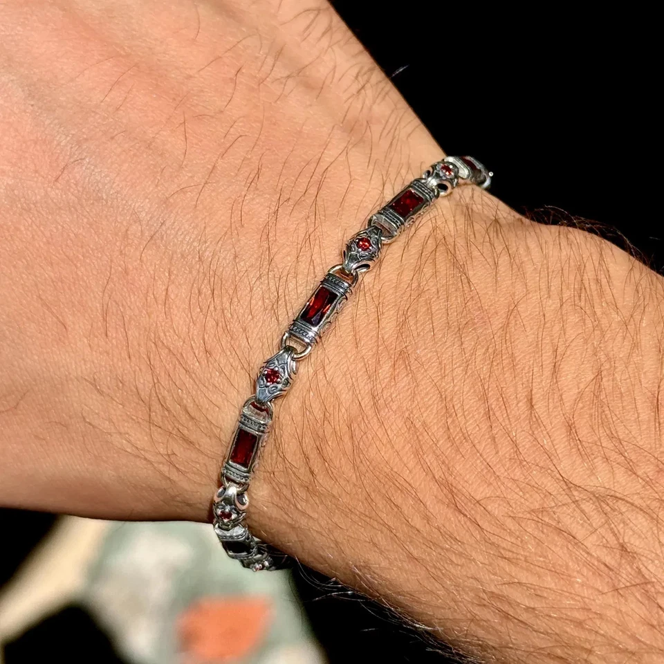 925 Sterling Silver Ruby Hand-Engraved Bracelet, Byzantine Chain Link Bracelet - Image 4 of 4