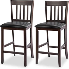 Counter Height Bar Stools Set of 2, 25'' Wooden Pub Chairs with PU Leather Seat,