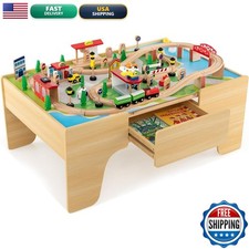Costzon Train Table, 3-in-1 Wooden Train Set Table w/Reversible 84 PCS Track