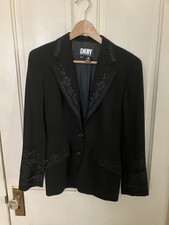 DKNY 100 Wool Black Women Blazer Embroidered VTG Hong Kong size 2