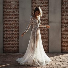 Elegant Beaded Sequin V-Neck Long-Sleeve Wedding Dress   Floor-Length A-Line Gow
