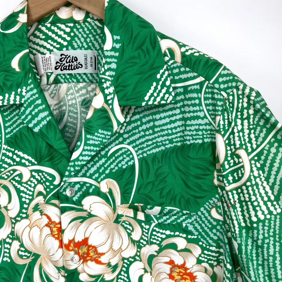 Vintage 70s Hilo Hattie's Made in USA Mens Green Floral Hawaiian Shirt Size L - Image 2 of 4