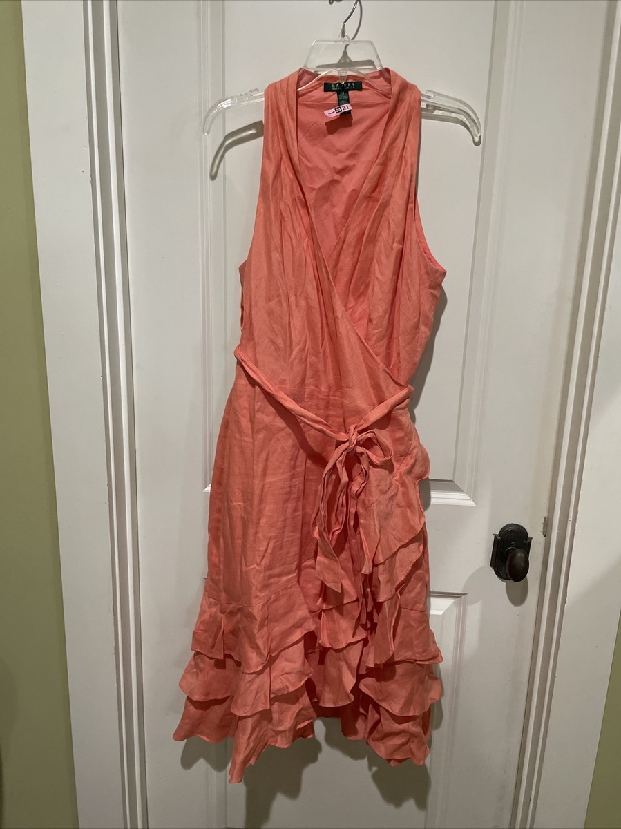 RALPH LAUREN Ruffle PEACH MIDI DRESS ワンピース $189 Ralph Lauren Peach Linen A-Line Ruffle Halter Midi Wrap