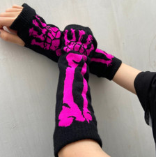 Neon Purple Skeleton Half Finger Long Gloves Harajuku Gothic Punk Bone Mittens