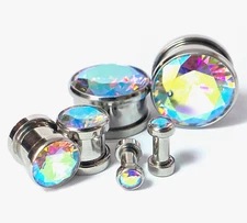 PAIR Large Aurora Borealis Gem Screw Fit Tunnel Plug Gauge Body Jewelry Piercing