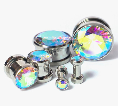 PAIR Large Aurora Borealis Gem Screw Fit Tunnel Plug Gauge Body Jewelry Piercing