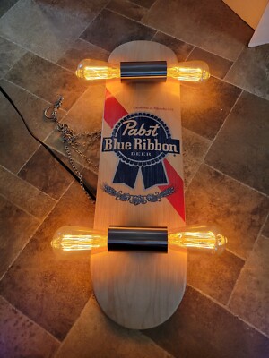 Pabst Blue Ribbon Beer Wooden Skateboard Light Up Sign Game Room