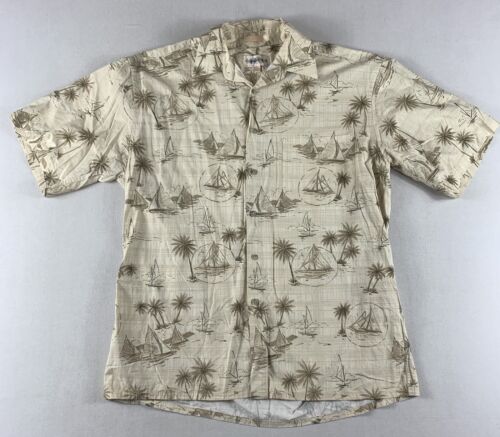 CAMPIA HAWAIIAN SHIRT MENS LARGE COTTON BIEGE PALM TREES BUTTON UP SAILBOAT