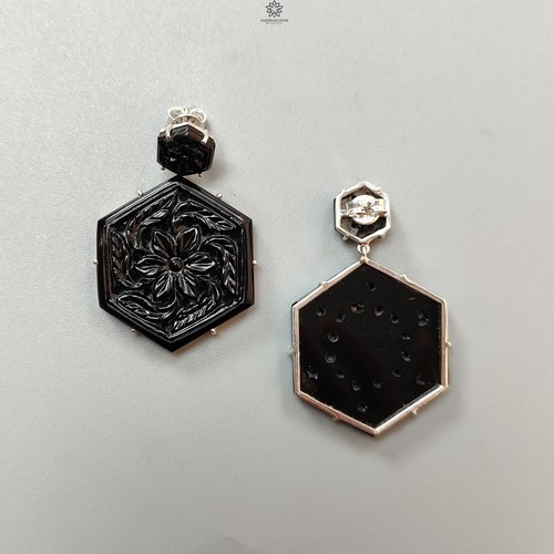 Juego de pendientes de astilla 925 tallados en ónix negro 19,55 gms 2" - Imagen 4 de 6