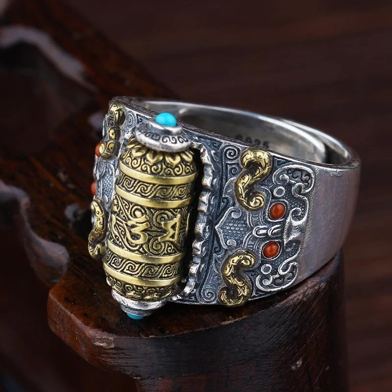 Anillo giratorio Om Mani Padme Hum anillo giratorio tibetano vintage para hombres budistas - Imagen 2 de 4