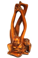 Y6401 - 2" Hand Carved Boxwood Netsuke Figurine -  Ashinaga and Tenaga