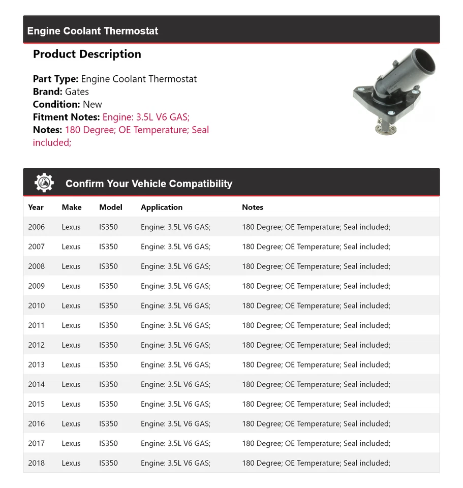 Para Lexus IS350 2006-2018 3,5 L V6 motor gasolina refrigerante termostato puertas 2007 2008 Foto 2 de 4
