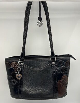 Brighton Leather 3D Hearts Black Brown Shoulder Bag Bonus Heart Charms 