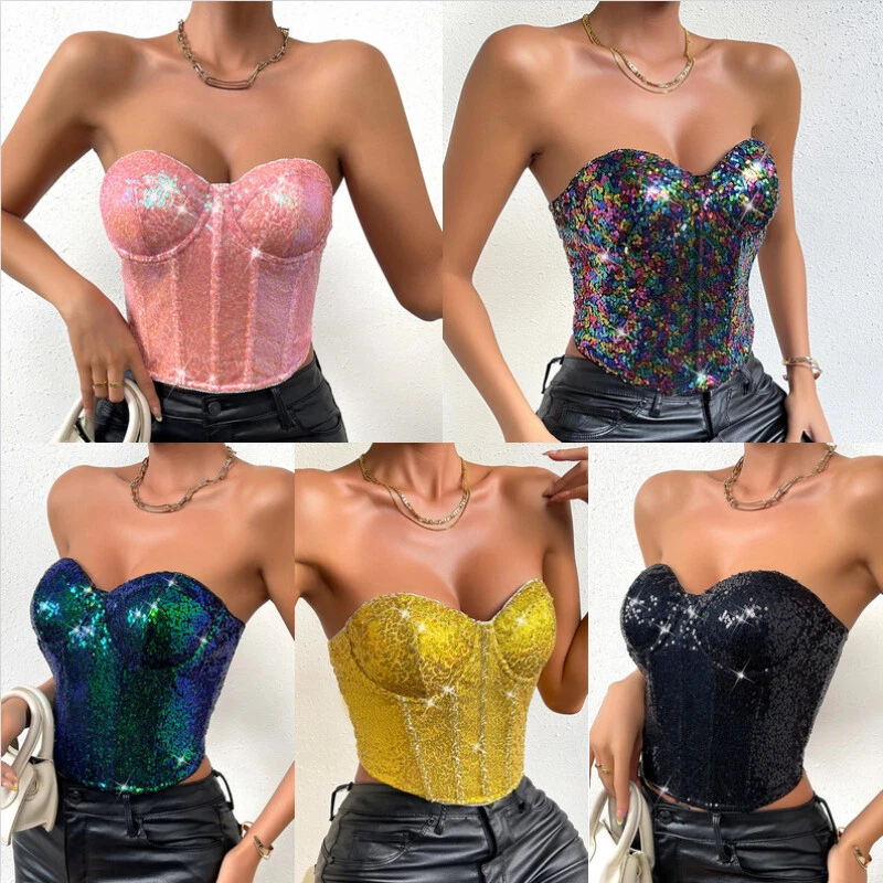 Women Strapless Bustier Boned Corset Tank Top Glitter Sequins Party  Clubwear