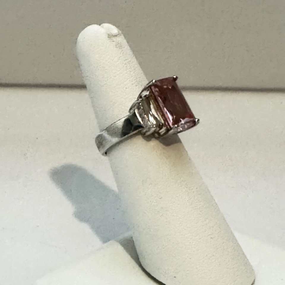 Emerald Cut Ring Pink Turmaline Solitaire CZ Baguettes NF 925 Silver Sz.5 - Image 3 of 4