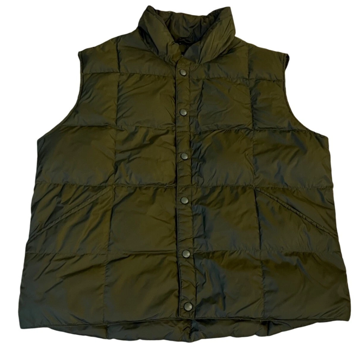 Lands End Mens Puffer Vest Olive Green Goose Down Quilted Snap Front Large 42-44