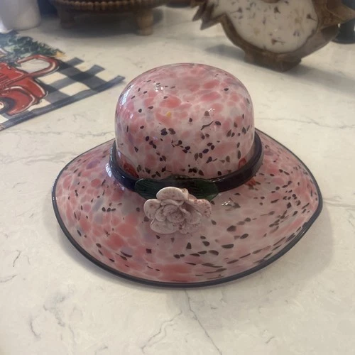 Vintage Murano Art Glass Pink Mottled Hand Blown Flower Hat Vase Bowl. Pre-owned