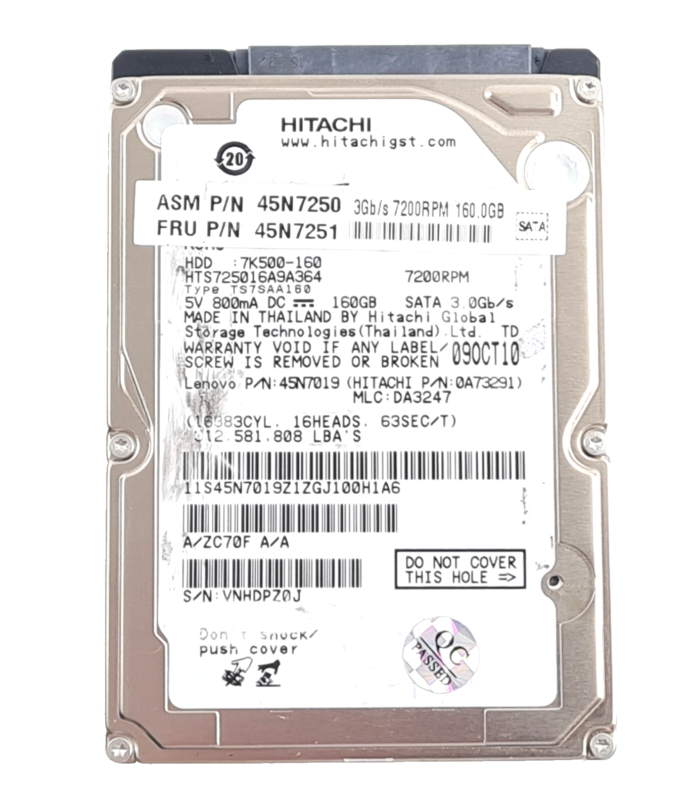 160GB SATA - II 2.5"" 9.5mm 7200RPM 3Gb/s HDD - 45N7251