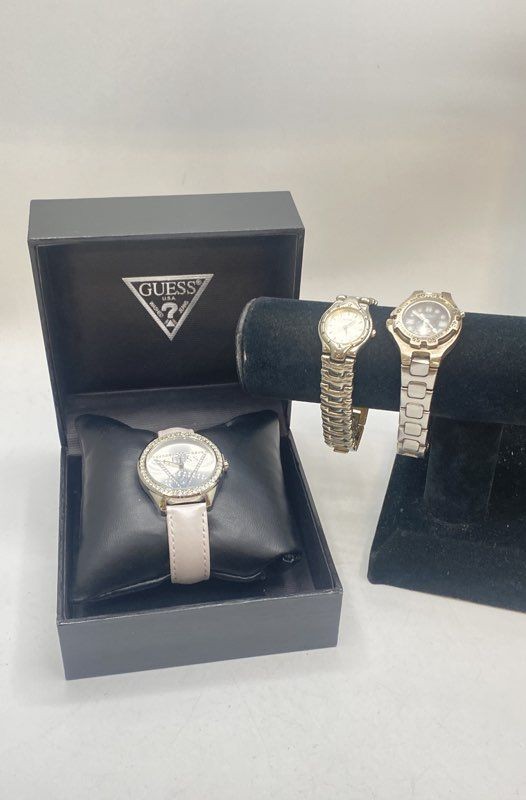 Guess Women's Quartz Watches Lot of 3 Silver Tone Rhinestone Waterpro