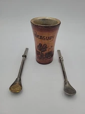 Yerba Mate Tea Set Leather Engraved Gourd W/ 2 Bombilla Straws Vintage Paraguay