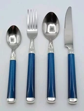 Silverware Flatware Blue Rectangle Chrome End Stainless Steel Set 16 Piece Set