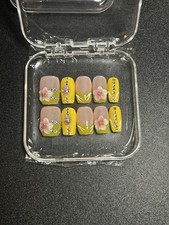 Yellow Pink 3D Flower Square Press-On Nails Set, Short length, SIZE L