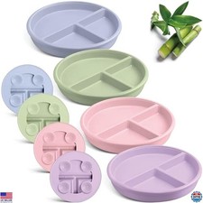 Domensi 4-Pack Bamboo Suction Plates - Divided Toddler Bowls, Dishwasher Safe