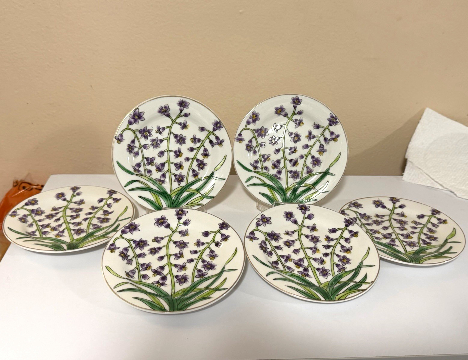 Set of 6 VTG Andrea by Sadek Karolina Lehman Purple Orchid Plates 6.25″ Gold Rim