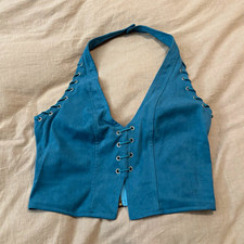 Lucky & Blessed Blue Halter Lace-Up Corset Top Eyelet Lace Solid XS