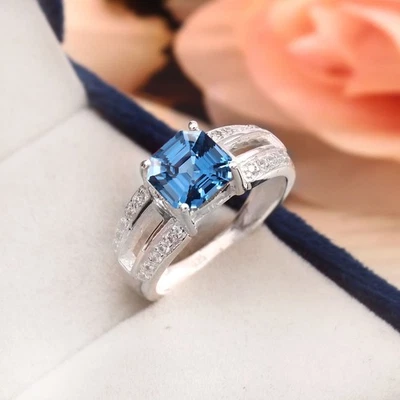 Aquamarin Ring Asscher Cut Edelstein 9x9 MM, 925 Sterlingsilber Verlobungsring - Bild 1 von 4