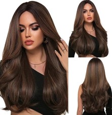 Real Human Hair New Fashion Long Natural Dark Brown Wavy Women's Full Wigs 24 In