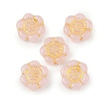 Pressed Glass Golden Metal Enhanced Flower Beads Lot Of 20 PC Pink E1