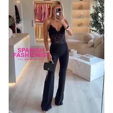 ZARA WOMAN SS25 BLACK EMBROIDERED CROPPED TOP ALL SIZES 1067/623/800