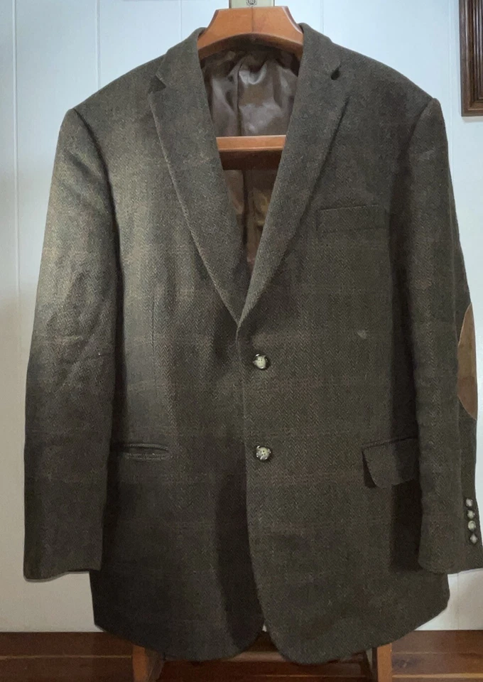 Mens Tweed Herringbone Sport Coat Blazer  46R Brown 2 Button Warren Sewell - Image 2 of 4