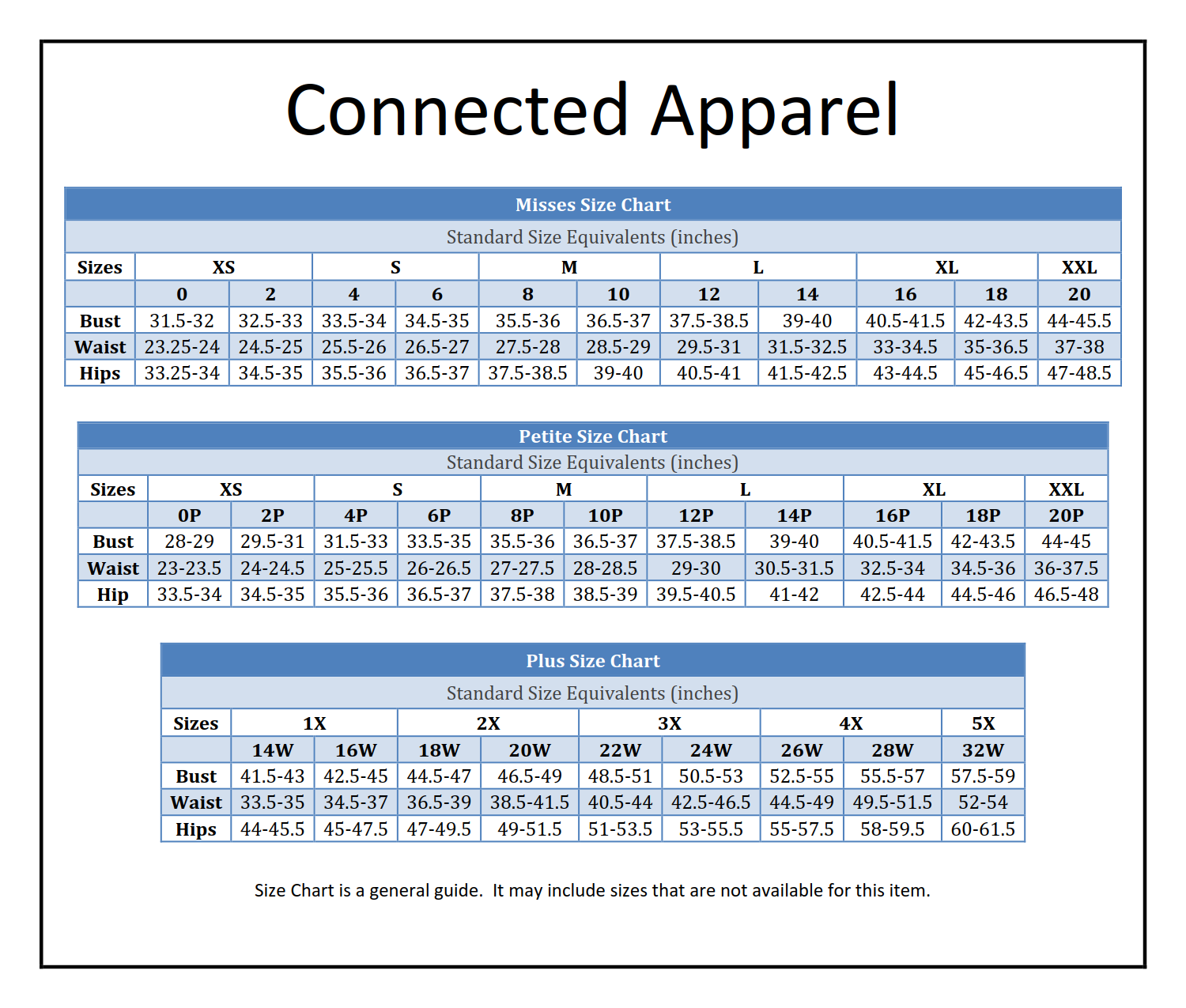 Connected Apparel Size Chart