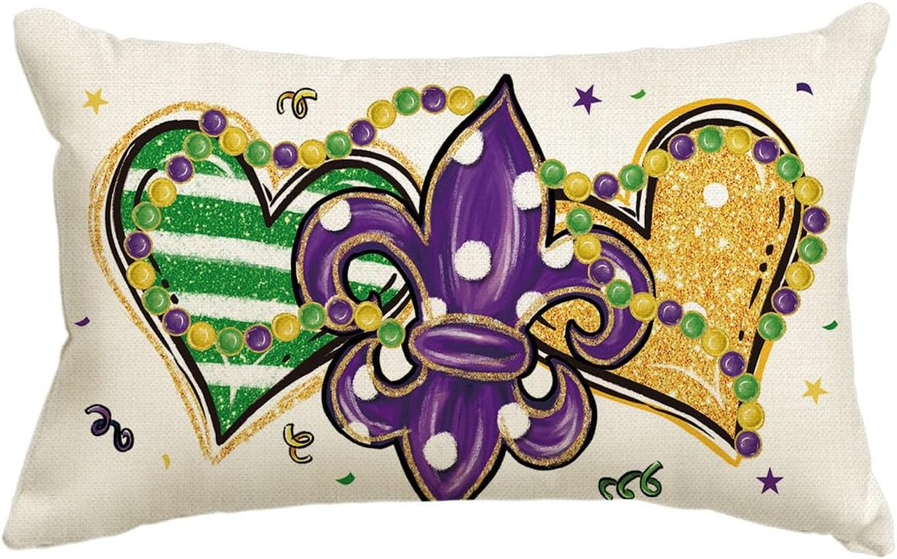 Mardi Gras Fleur De Lis Heart Bead Throw Pillow Cover, 12 X 20 Inch Holiday Part