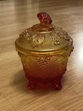 Vintage Jeanette Amberina Footed  Glass Covered Candy Dish/Compote Yellow-Red