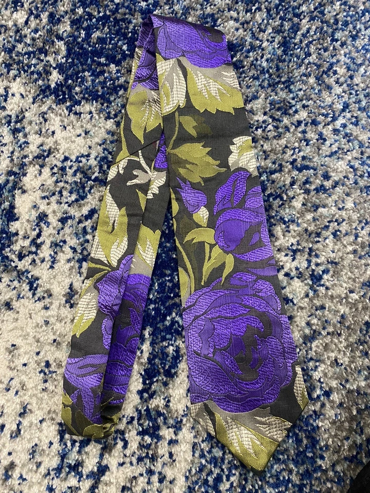 Corbata Ralph Lauren Etiqueta Púrpura Champagne Verde Beige Floral Lino Seda Foto 2 de 4