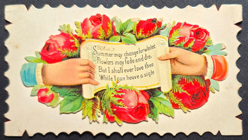 Victorian Die-Cut Calling Card Love Poem Hands Holding Scroll with Roses