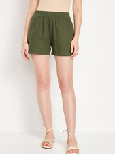 Old Navy Linen-Blend Shorts Womens L Olive Green Pull On Elastic Waist Beach NEW