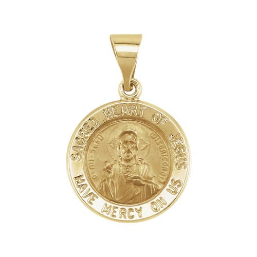 14K Yellow Gold 15 mm Round Hollow Sacred Heart of Jesus Medal Pendant 1.42gm