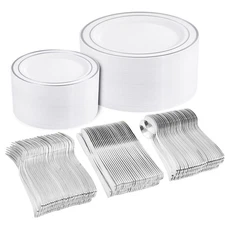 150pcs Silver Plastic Dinnerware Sets, Includes: 30 Silver Rim Dinner Plates,...