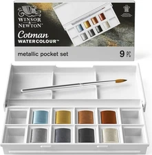 Winsor & Newton Cotman Watercolour Metallic Pocket Set 9 Pieces w/ Brush ~ New ~