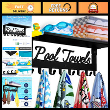Wall-Mounted Pool Towel Rack with Shelf 8 Hooks - Carbon Steel Organizer for T