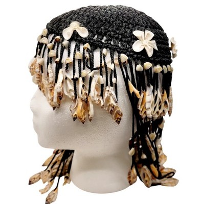 1970s Cowrie Chula Sea Shells Crown Hat Head Piece Hand Made Black