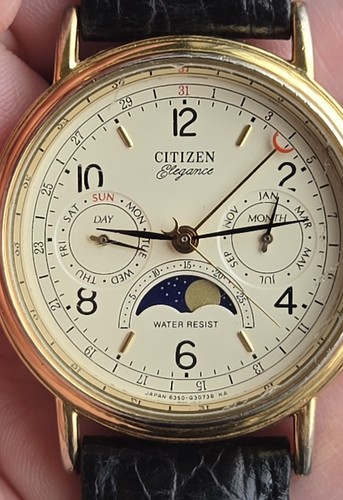 Rare Vintage 80s Citizen Elegance 6350-G30241K Triple Calendar Moon Phase Watch